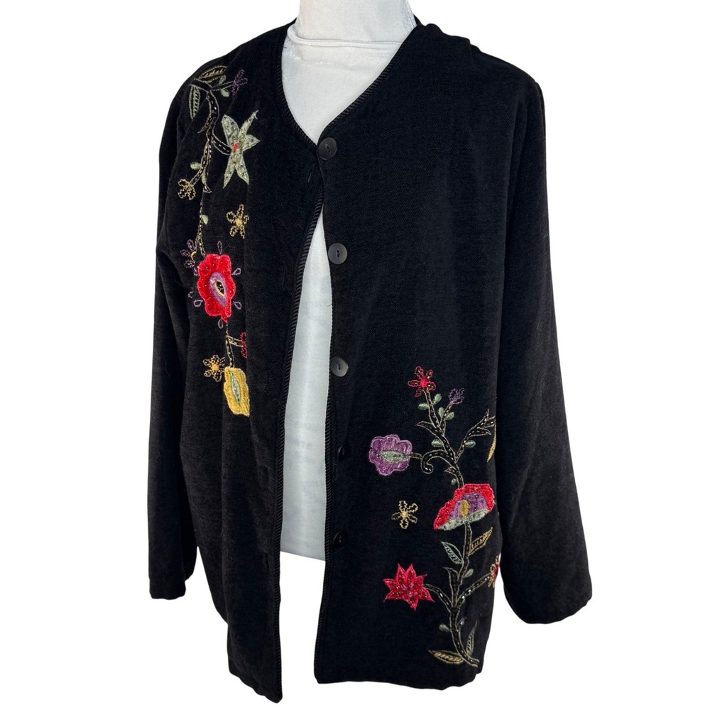 White Stag Womens Black Chenille Embroidered Floral Button Cardigan Jacket L - Picture 2 of 7
